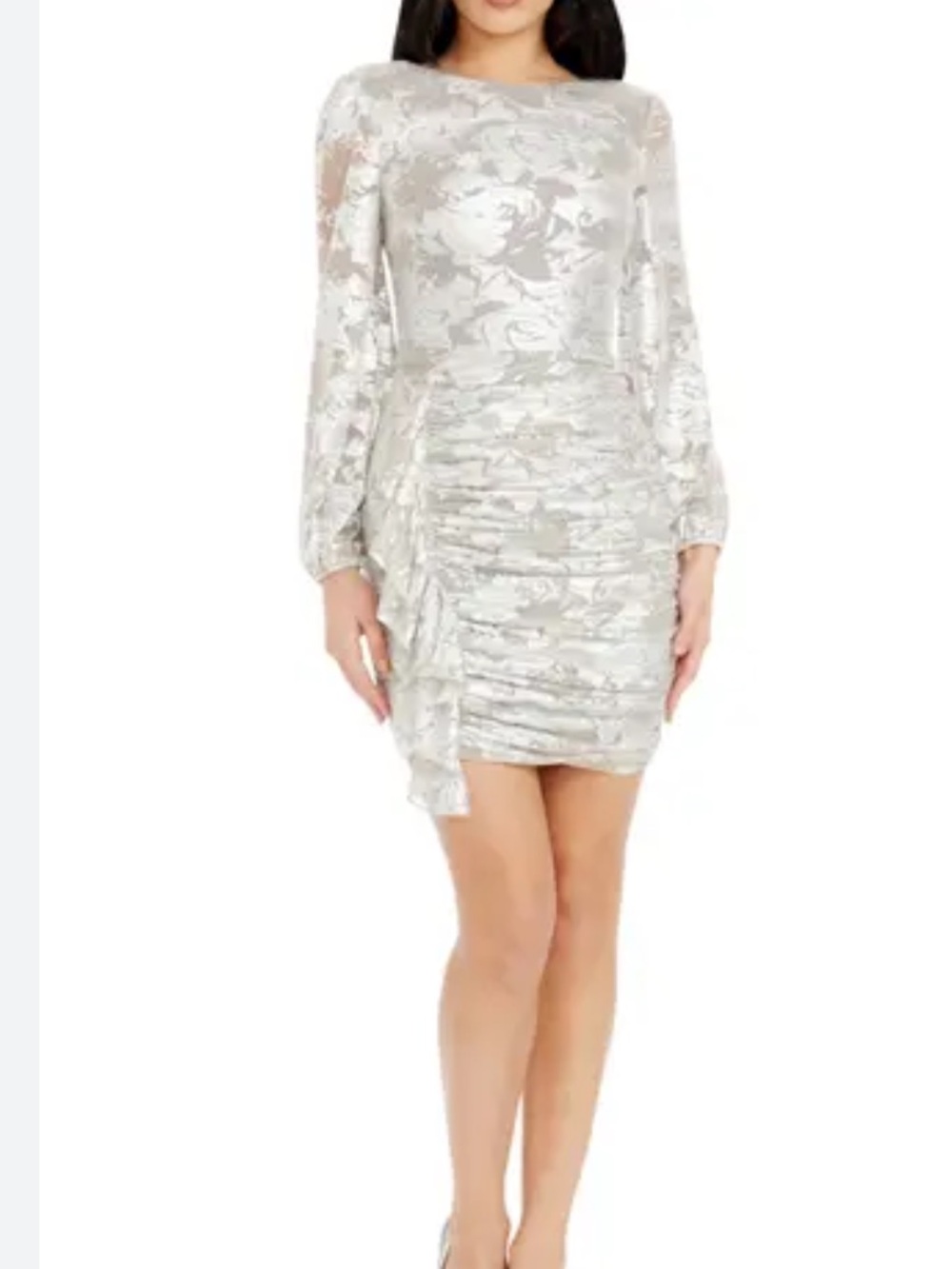Dress the population NWT kat silver metallic floral ruched cocktail mini dress